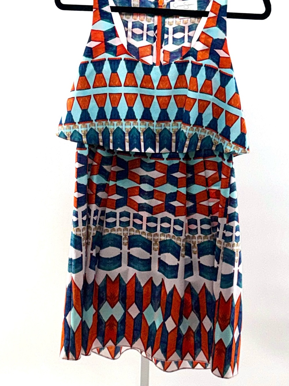Jessica Simpson Teal & Orange Geometric Ruffle Mini Dress
